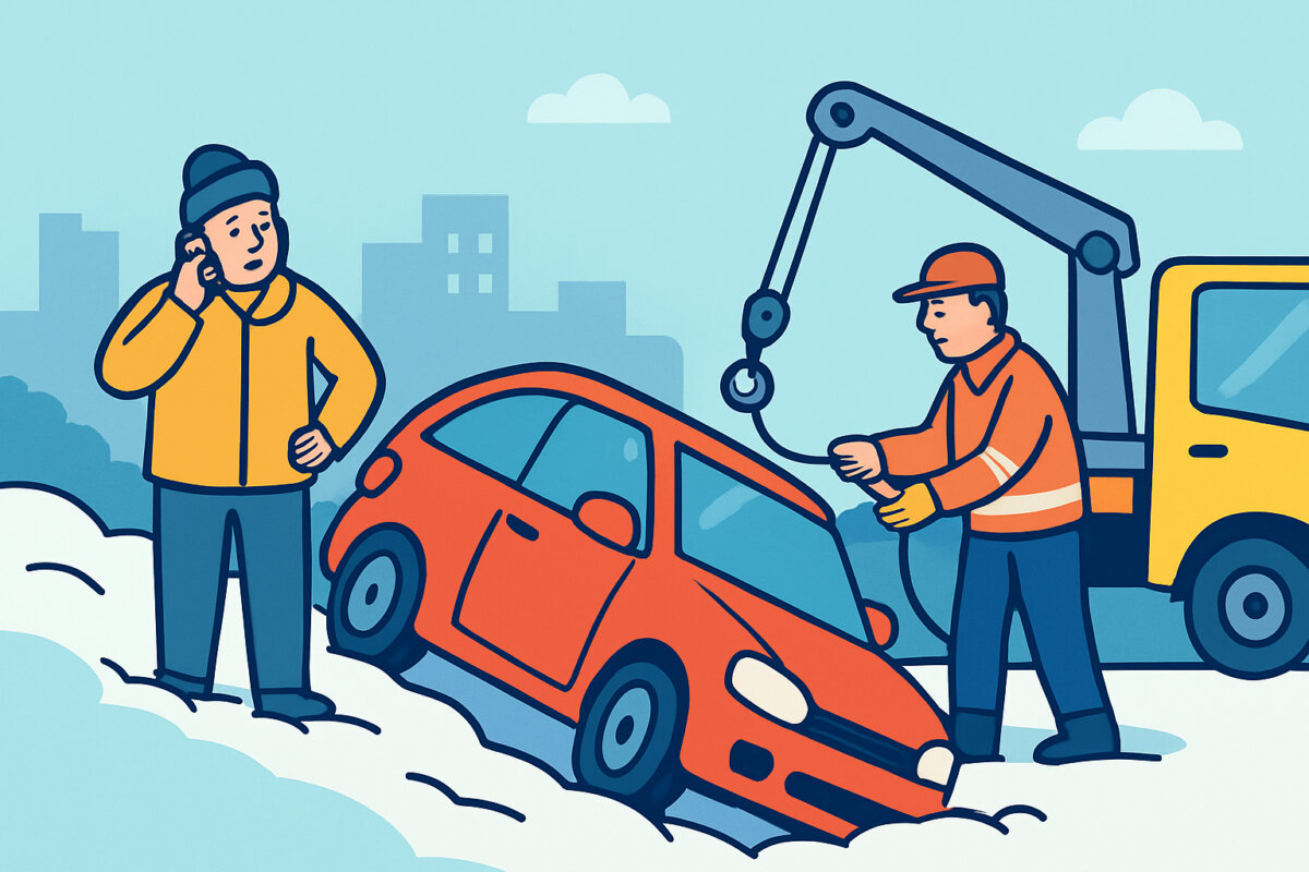 Auto ojassa liukkaalla – vetopalvelun kutsuminen